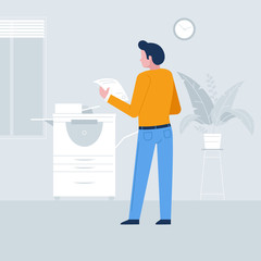 Young secretary making photocopies on xerox machine in office.Vector illustration cartoon character