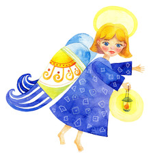 Little Angel. Silent night. Watercolor illustration