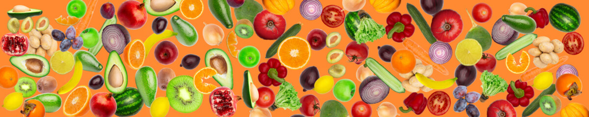 wide panoramic creative collage Pattern of vegetables and fruits. plums and peppers, cucumbers, radish, tomatoes, apples, banana, lemon, orange, watermelon, pomegranate and avocado isolated on white