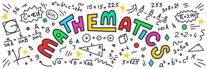 Mathematics. Maths doodles with colorful lettering on white background.