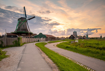 Traditional Dutch Windmills Dusk Zaanse