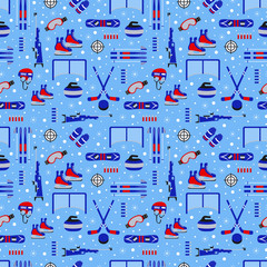 Winter sports repeated background. Sporting equipment vector seamless pattern. Ice hockey, skating, skiing, snowboarding, curling goods repeat texture. Wallpaper for season decoration, clothes prints.
