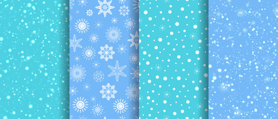 Snow seamless patterns set. Winter repeat texture. snowflakes background collection. blizzard template wallpaper. Can use for holidays decor, Christmas, New Year designs, textile, fabric, wrapp paper.