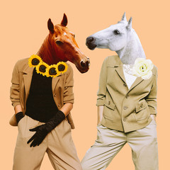 Minimal Contemporary collage art. Stylish horses. Vintage concept