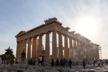 Parthenon on Acropolis, Athens, Greece. It is a main tourist attraction of Athens. Ancient Greek architecture of Athens in summer. Ruins of a famous landmark of Athens on the top of Acropolis hill..