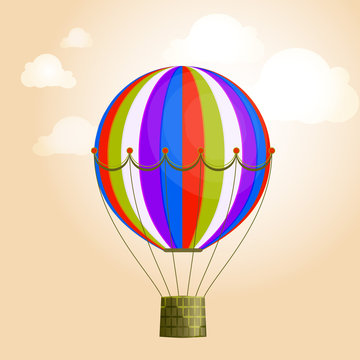 Large isolated bright colored balloon against the sky and clouds. Vector illustration.