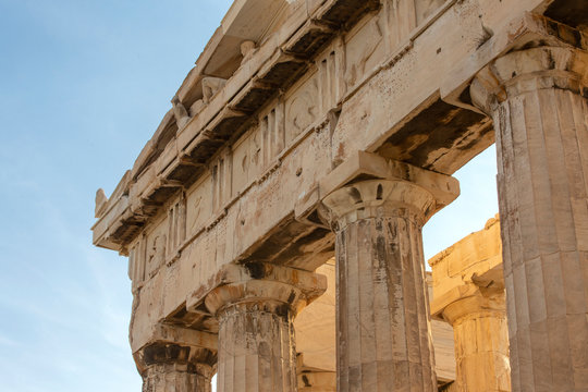 Parthenon on Acropolis, Athens, Greece. It is a main tourist attraction of Athens. Ancient Greek architecture of Athens in summer. Ruins of a famous landmark of Athens on the top of Acropolis hill..