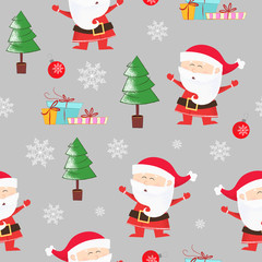 Christmas pattern with Santa Clauses, fir-trees and gift boxes. Christmas design element. For leaflets, brochures, invitations, wallpapers, backdrops, posters or banners.