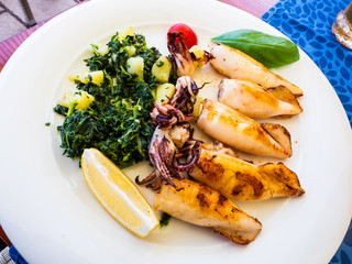 delicious dish of Mediterranean sea food with grilled cuttlefish