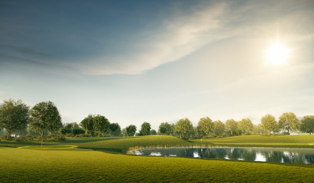 Professional golf course. 3D illustration. Green field with trees, grass and lake