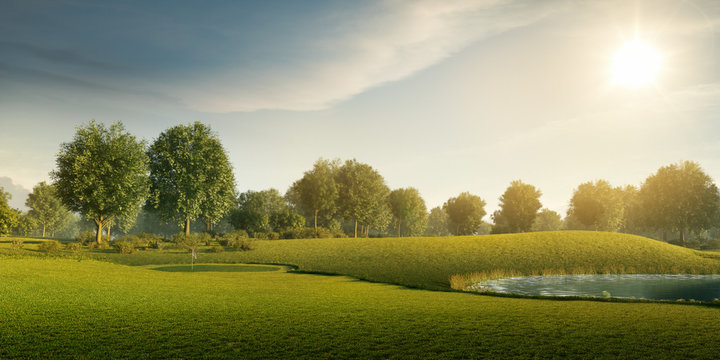 Professional golf course. 3D illustration. Green field with trees, grass and lake