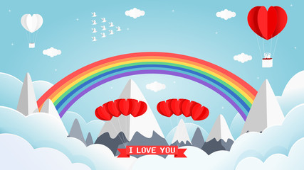 Paper art style vector illustration graphic design sweet valentines card of heart shape white and red balloon on the sky with beautiful rainbows. 
