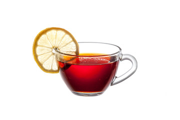 Glass cup of tea on  white background