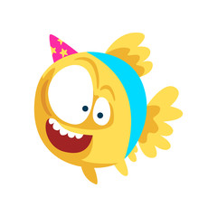 Funny fish in party hat, little sea creature character, marine theme design element can be used for kids party invitation, greeting card vector Illustration