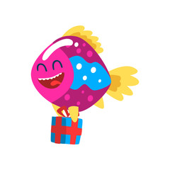 Cute smiling fish with gift box, little sea creature character, marine theme design element can be used for kids party invitation, greeting card vector Illustration