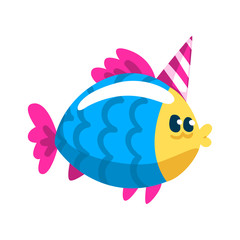 Cute colorful fish wearig party hat, little sea creature character, marine theme design element can be used for kids party invitation, greeting card vector Illustration