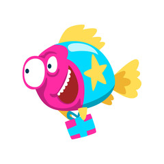 Cute colorful smiling fish holding gift box, little sea creature character, marine theme design element can be used for kids party invitation, greeting card vector Illustration