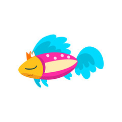 Cute colorful fish in golden crown, little sea creature character, marine theme design element can be used for kids party invitation, greeting card vector Illustration