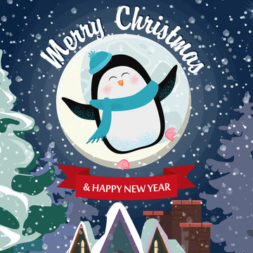 Merry Christmas lettering with cheerful penguin on roof. Christmas greeting card. Handwritten text, calligraphy. For leaflets, brochures, invitations, posters or banners.