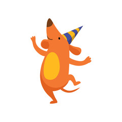 Cute dog in party hat having fun, funny cartoon animal character at birthday party vector Illustration
