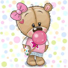 Schattige Cartoon Teddybeer meisje met kauwgom