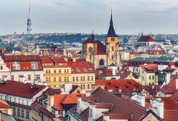 Naklejka na ściany i meble Scenic aerial view over Prague, Czech republic, at daytime. Beautiful travel background.