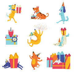 Collection of cute dogs in party hats with gift boxes, funny cartoon animal characters at birthday party vector Illustration