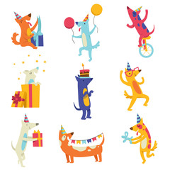 Collection of cute dogs in party hats, funny cartoon animal characters having fun at birthday party vector Illustration