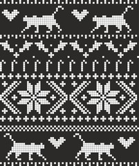 Christmas embroidery cat black white seamless vector pattern
