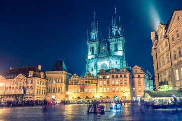 Old town with Tyn church in Prague, Czech republic, at night. Colourful skyline.