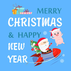 Fototapeta na wymiar Merry Christmas lettering with Santa Claus flying plane and pig. Christmas greeting card. Handwritten text, calligraphy. For leaflets, brochures, invitations, posters or banners.
