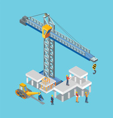Fototapeta premium Construction Building Machines and Worker Man