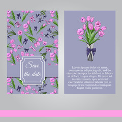 Floral spring templates of  hand drawn pink tulips and violet irises. Elements for romantic design, announcements, greeting cards, posters, advertisement, invitation.