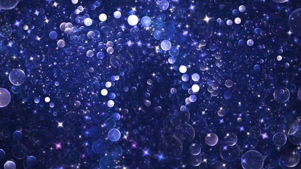 Shiny blue and white bubbles and sparks. Abstract holiday background. Fantastic 3D rendered digital fractal illustration.