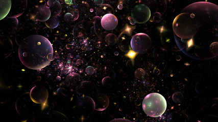 Shiny purple, green bubbles. Abstract holiday background. Fantastic 3D rendered digital fractal illustration.