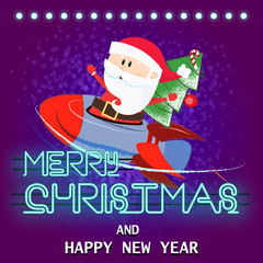 Merry Christmas neon lettering with Santa Claus flying plane. Christmas greeting card. Typed text, calligraphy. For leaflets, brochures, invitations, posters or banners.