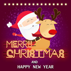 Merry Christmas neon lettering with Santa Claus riding reindeer. Christmas greeting card. Typed text, calligraphy. For leaflets, brochures, invitations, posters or banners.