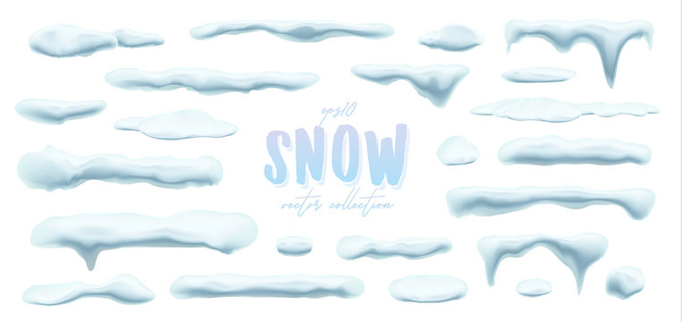 Vector collection of snow caps, pile, icicles, isolated on background, transparent, ice, snowball and snowdrift. 3d Winter decorations, Christmas, snow texture, white elements, holiday design.