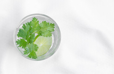 Top view and copy space of detox water recipe. Which is coriander leaves with lemon slice in a glass. Placed on white cloth floor.