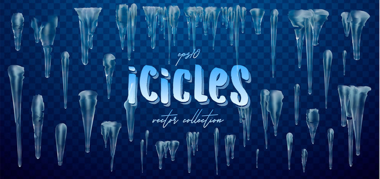 Vector collection of icicles, isolated on background, transparent, ice. 3d Winter decorations, Christmas, snow texture, white elements, holiday design, vector snow icicles.