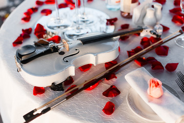 Romantic Valentine day dinner with champagne, roses, rose petals and violin