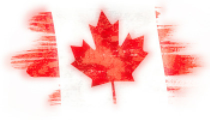 Mosaic heart tiles painting of Canadian flag blown in the wind isolated on white background.