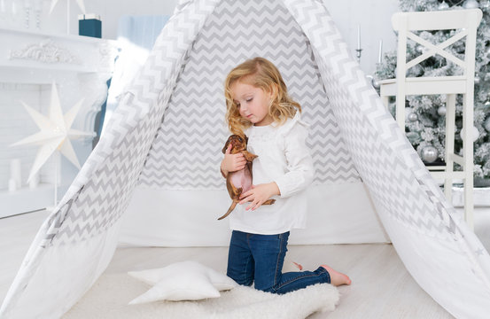 The Little Girl Is Playing With Small Puppy Dog Near The Wigwam In Christmas Playroom