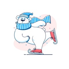 Fototapeta premium Tło wakacje wektor z zabawny niedźwiedź na łyżwach. Ilustracja kreskówka zima.