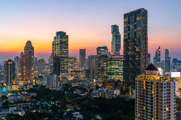 Fototapeta na wymiar Bangkok City - Aerial view beautiful sunset Bangkok city tower downtown skyline of Thailand , cityscape at night , landscape Bangkok Thailand