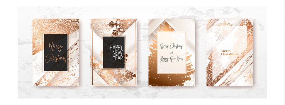 Merry Christmas and Happy New Year 2019 golden cards, vector illustration. Luxury gold design, greeting holiday banner, gift template, invitation...