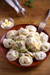 Dumplings, filled with meat, ravioli, pelmeni. Dumplings with filling. vertical