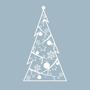 Stencil laser cut for christmas cards Openwork Christmas spruce tree cut out of paper for invitation greeting card for the New Year Christmas Stencil vector for laser cutting plotter cutting printing