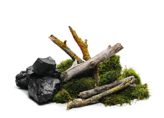Green moss with rotten branch and yellow lichen isolated on white background