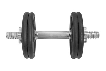 Obraz na płótnie Canvas black metal gym dumbbell with chrome silver handle isolated on white background